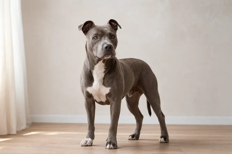 Ein aufmerksamer English Pitbull Terrier steht in natürlicher Haltung vor hellem, neutralem Hintergrund.