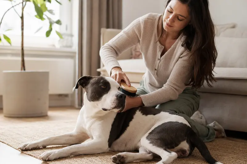 Ein English Pitbull Terrier wird in einer hellen Wohnung sanft vom Besitzer gebürstet.