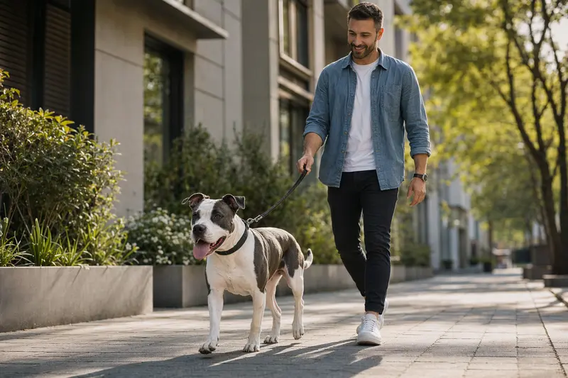 Ein English Pitbull Terrier läuft entspannt an der Leine mit seinem Besitzer durch eine saubere moderne Stadtstraße.