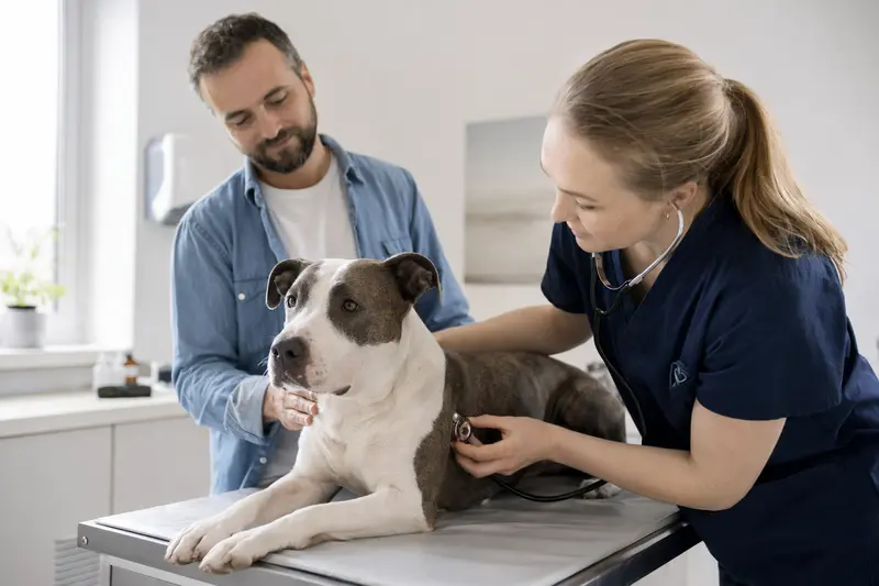Ruhiger English Pitbull Terrier wird von einer freundlichen Tierärztin auf einem Untersuchungstisch untersucht, während der Besitzer beruhigend danebensteht.