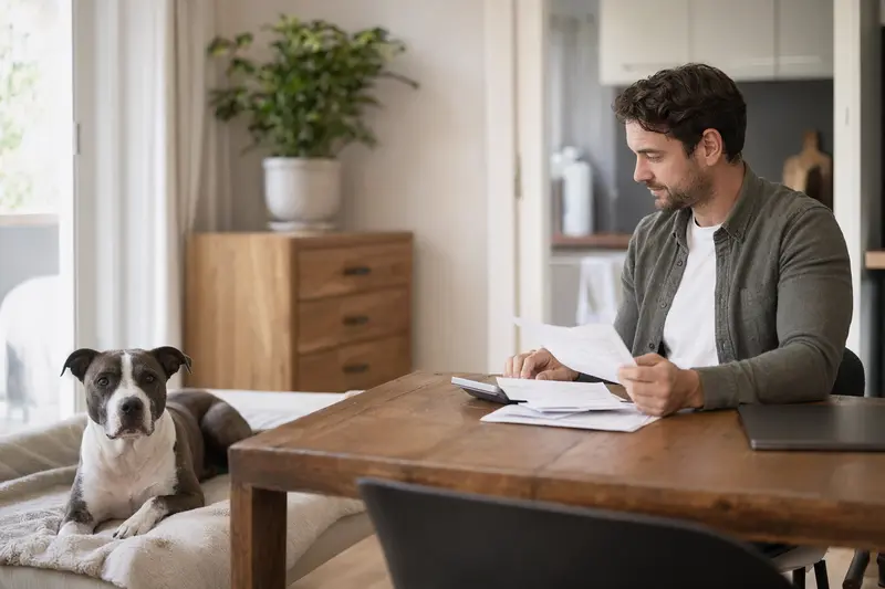 Ein Hundebesitzer sitzt mit einer Tierarztrechnung am Tisch, während ein entspannter English Pitbull Terrier auf einer Decke in einer hellen Wohnung liegt.