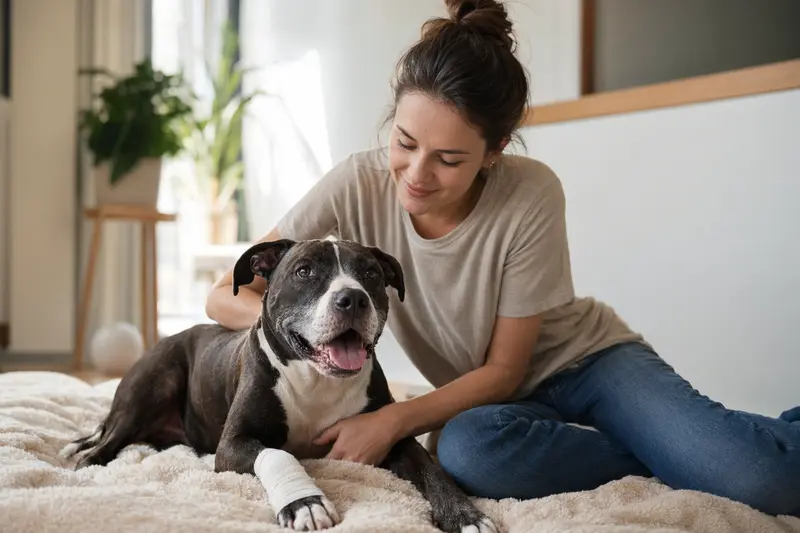 Ein English Pitbull Terrier mit leichtem Verband an der Pfote liegt entspannt auf einer Decke, während sein Besitzer neben ihm sitzt und erleichtert wirkt.