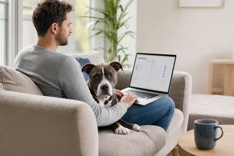 Ein Hundebesitzer arbeitet am Laptop auf dem Sofa neben seinem English Pitbull Terrier.