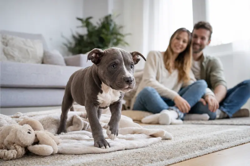 Ein neugieriger English Pitbull Terrier Welpe erkundet sein neues Zuhause mit einer weichen Decke und Spielzeug in einer freundlichen Wohnung.