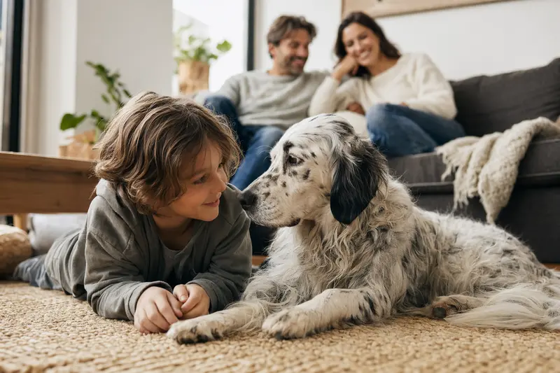 Ein entspannter English Setter Hund liegt neben einem Kind im Wohnzimmer, während die Eltern im Hintergrund relaxen.