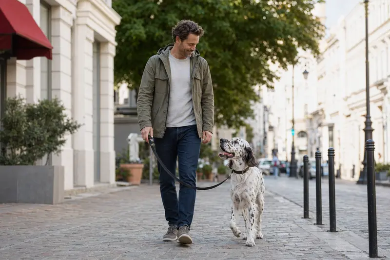 Ein English Setter läuft an der Leine mit seinem Besitzer durch eine freundliche moderne Stadtstraße.