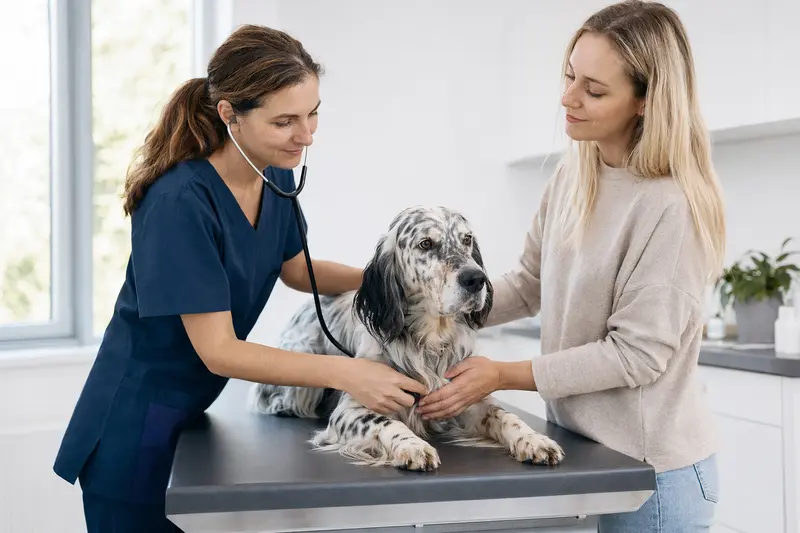 Ein ruhiger English Setter Hund wird von einer freundlichen Tierärztin in einer modernen Praxis mit einem Stethoskop untersucht, während der Besitzer beruhigend danebensteht.