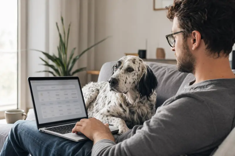 Besitzer mit English Setter Hund auf dem Sofa nutzt einen Laptop zur einfachen Entscheidung über Tierversicherungen.