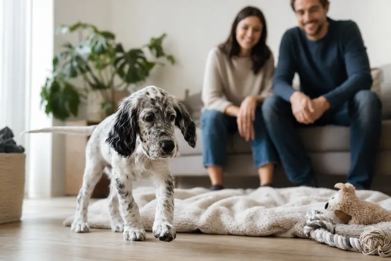 Ein neugieriger English Setter Welpe entdeckt sein neues Zuhause mit einer liebevollen Familie im Hintergrund.