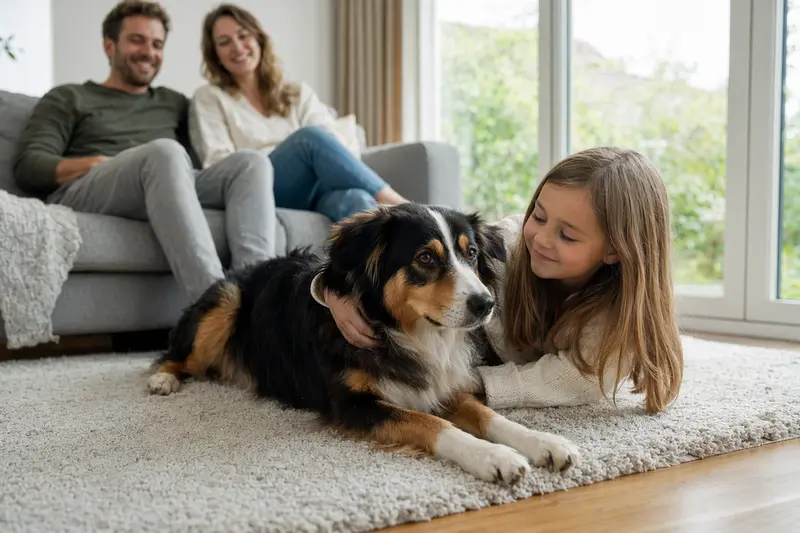 Ein freundlicher Englisch Shepherd liegt entspannt neben einem Kind im Wohnzimmer.