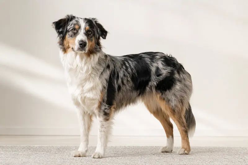 Aufmerksam stehender English Shepherd vor hellem Hintergrund als professionelles Hundeporträt mit natürlicher Fellstruktur.