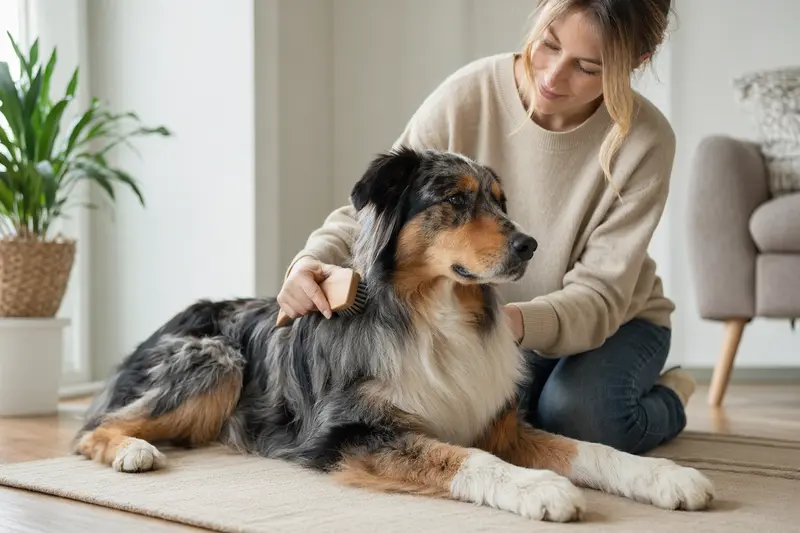 Ein English Shepherd wird in einer hellen Wohnung liebevoll gebürstet, während sich der Besitzer um die Fellpflege und Gesundheit des Hundes kümmert.