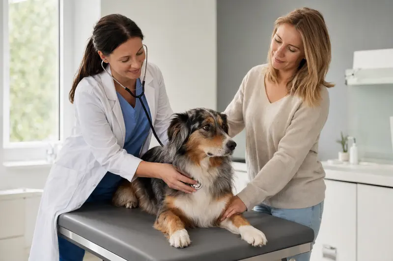 Ein ruhiger English Shepherd Hund wird von einer freundlichen Tierärztin in einer modernen Tierarztpraxis behutsam mit einem Stethoskop untersucht.