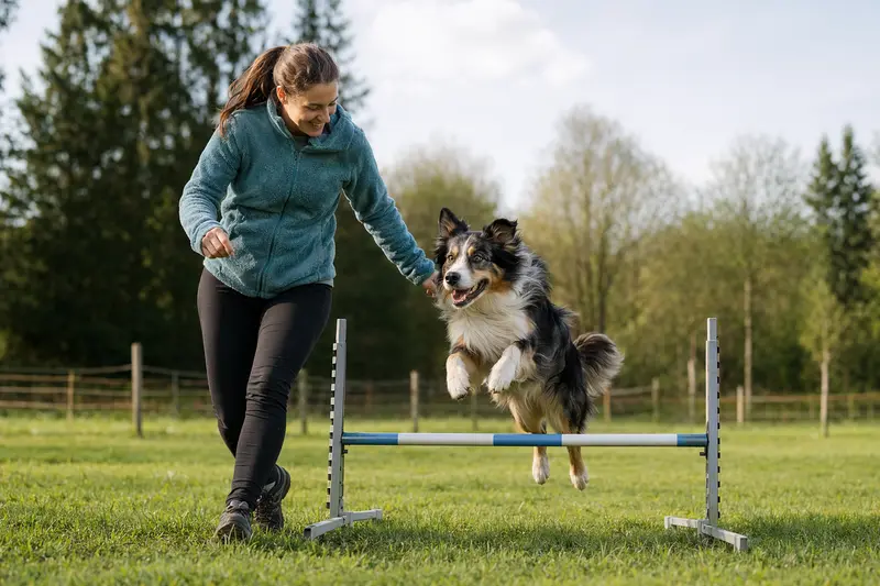 Ein English Shepherd trainiert mit seinem Besitzer auf einem Hundeplatz über eine kleine Hürde und wirkt dabei fröhlich, aufmerksam und sicher.