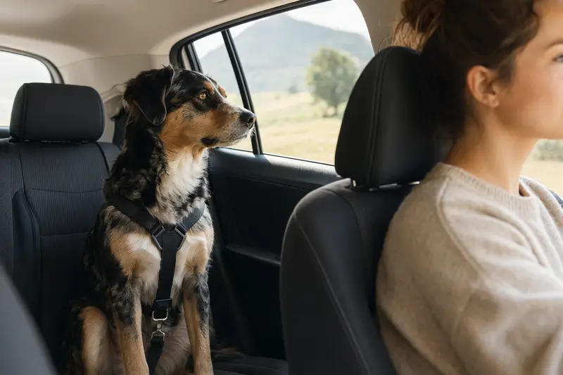 Ein English Shepherd sitzt sicher angeschnallt auf der Rückbank eines Autos, während der Fahrer ruhig fährt.