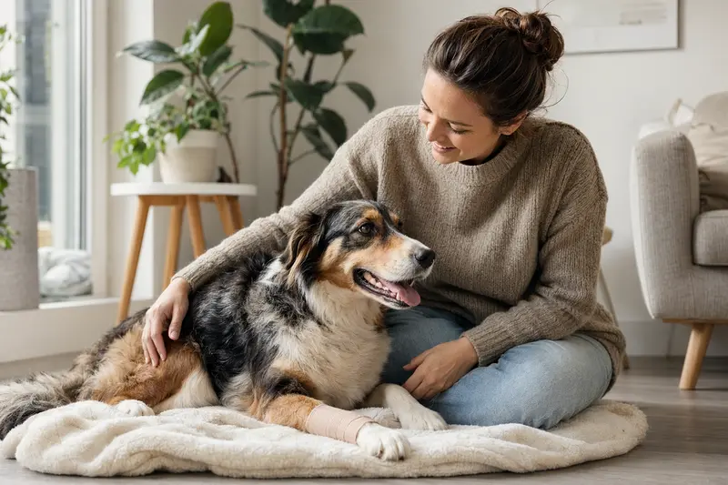 Ein English Shepherd Hund mit einem leichten Verband an der Pfote liegt entspannt neben seinem Besitzer in einer hellen Wohnung.