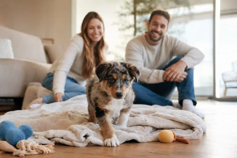 Ein neugieriger English Shepherd Welpe entdeckt sein neues Zuhause mit liebevoller Familie im Hintergrund.