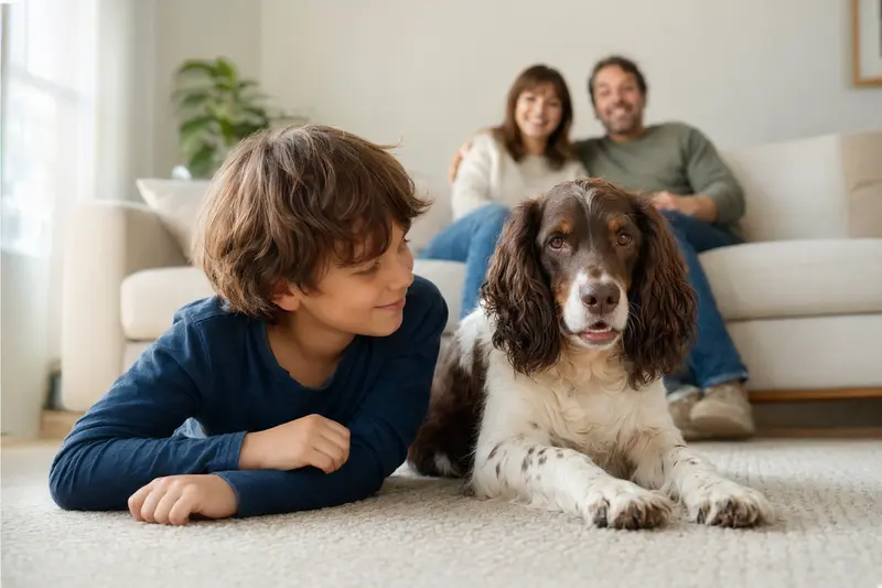 Ein freundlicher English Springer Spaniel liegt entspannt neben einem Kind im Wohnzimmer.