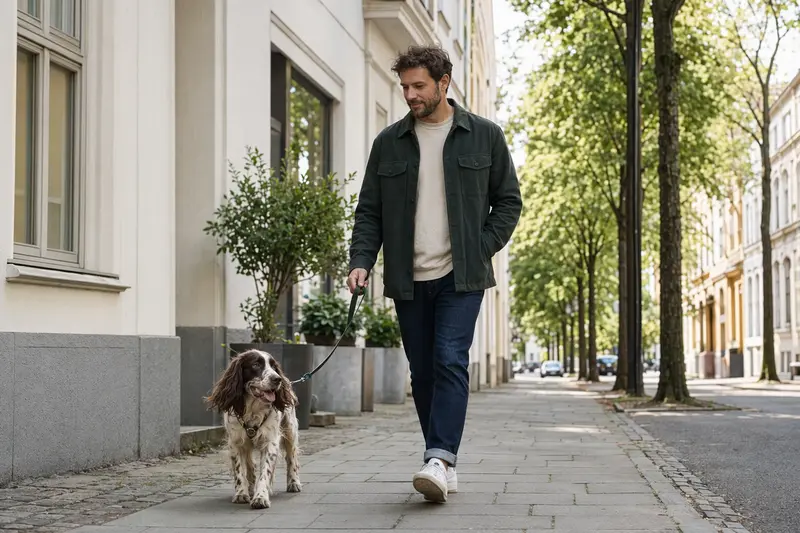 Ein English Springer Spaniel läuft an der Leine mit seinem Besitzer durch eine freundliche moderne Stadtstraße.