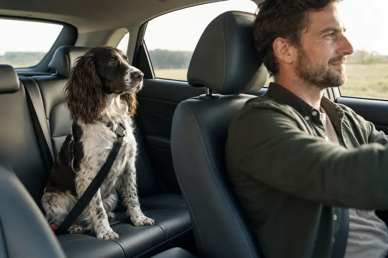 Ein English Springer Spaniel sitzt sicher angeschnallt auf der Rückbank eines Autos, während der Besitzer ruhig fährt und Sonnenlicht durch das Fenster fällt.
