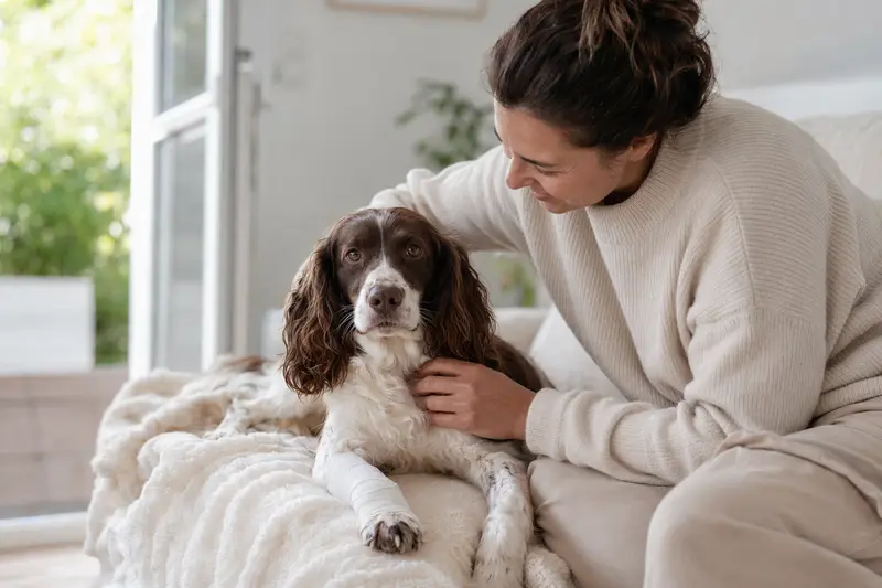 Ein English Springer Spaniel mit Verband liegt entspannt auf einer Decke, während sein Besitzer daneben sitzt und sich um ihn kümmert.