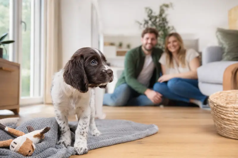 Ein junger English Springer Spaniel Welpe erkundet neugierig sein neues Zuhause zwischen der weichen Decke und dem Spielzeug.