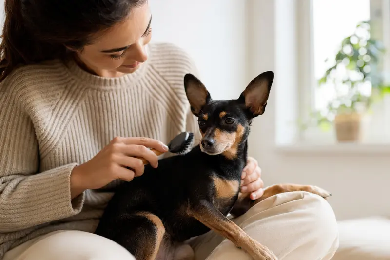 Ein English Toy Terrier wird in einer hellen Wohnung sanft gebürstet, während sich der Besitzer liebevoll um die Fellpflege kümmert.