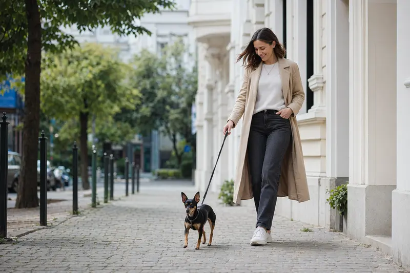 Ein English Toy Terrier läuft an der Leine mit seinem Besitzer durch eine moderne Stadtstraße.