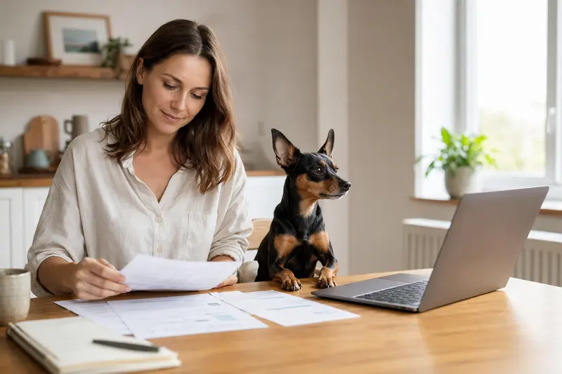 Ein English Toy Terrier sitzt ruhig neben seinem Besitzer am Küchentisch mit Versicherungsunterlagen und einem Laptop.