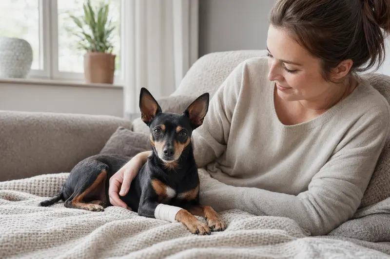 Ein English Toy Terrier mit Verband an der Pfote liegt neben seinem Besitzer auf einer Decke in einer hellen Wohnung.