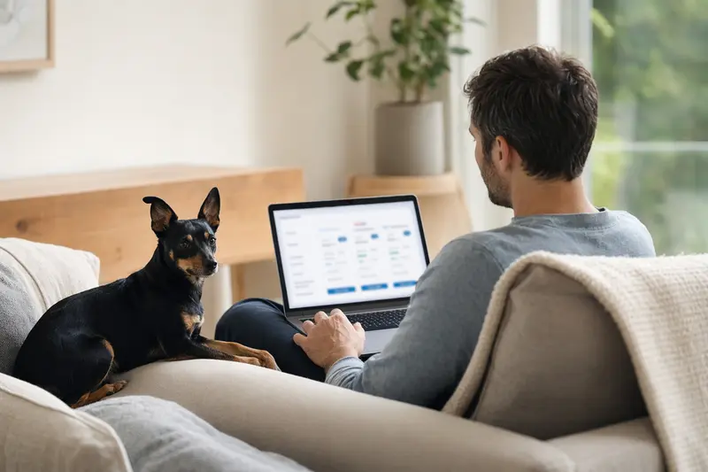 Ein Hundehalter arbeitet am Laptop, während sein English Toy Terrier neben ihm sitzt, was die Recherche zu Tierversicherungen zeigt.