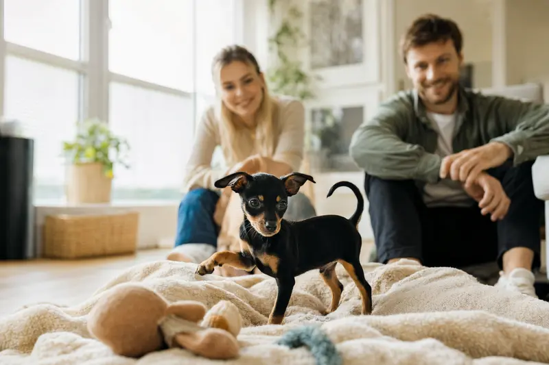 Ein neugieriger English Toy Terrier Welpe erkundet seine helle, freundliche Wohnung mit weicher Decke und Spielzeug im Hintergrund.