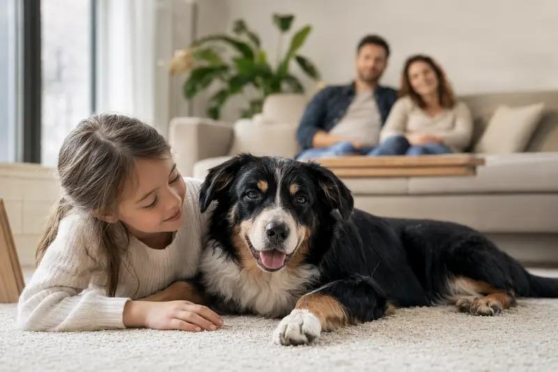 Ein freundlicher Entlebucher Sennenhund liegt entspannt neben einem Kind im Wohnzimmer, in einer warmen, vertrauensvollen Familienatmosphäre.