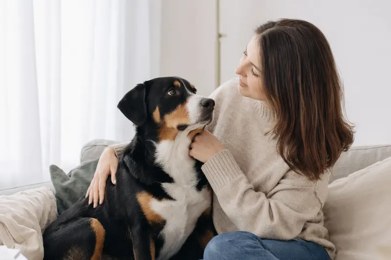 Ein aufmerksamer Entlebucher Sennenhund steht in natürlicher Haltung vor hellem Hintergrund.