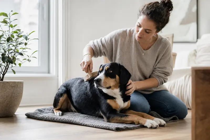 Ein Entlebucher Sennenhund wird zuhause sanft gebürstet, während sein Besitzer liebevoll die Fellpflege übernimmt.