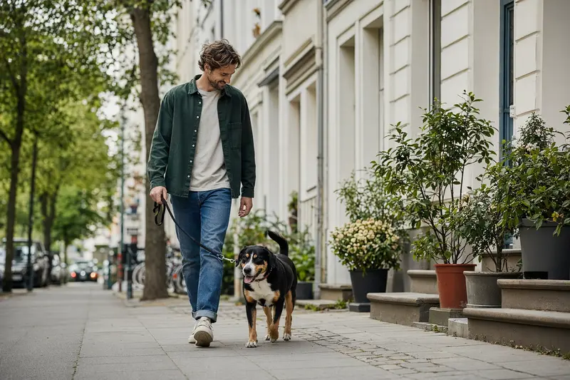 Ein Entlebucher Sennenhund läuft entspannt an der Leine mit seinem Besitzer durch eine freundliche Stadtstraße.
