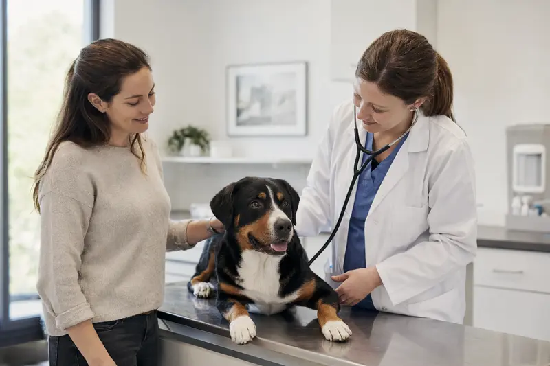 Entlebucher Sennenhund wird behutsam von einer Tierärztin in einer modernen Tierarztpraxis untersucht.