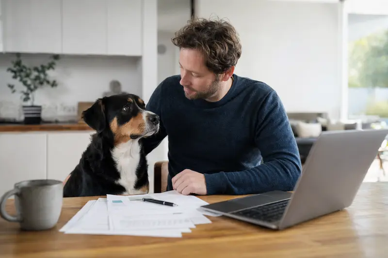 Ein Entlebucher Sennenhund sitzt entspannt neben seinem Besitzer am Küchentisch, wo Versicherungsunterlagen und ein Laptop liegen.