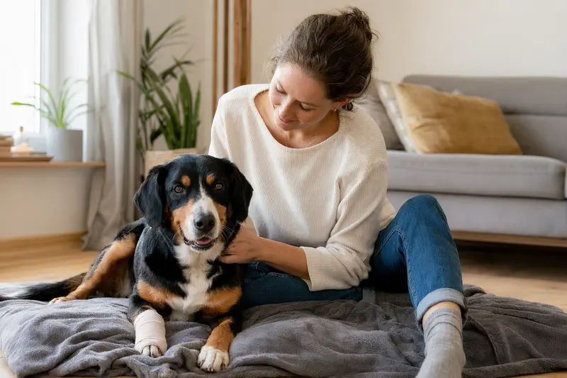 Ein entspannter Entlebucher Sennenhund mit Verband an der Pfote liegt neben seinem erleichterten Besitzer in einer hellen Wohnung.