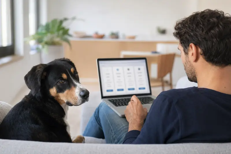 Ein Hundebesitzer arbeitet am Laptop, während sein Entlebucher Sennenhund neben ihm auf dem Sofa sitzt und eine neutrale Versicherungsvergleichsseite anzeigt.