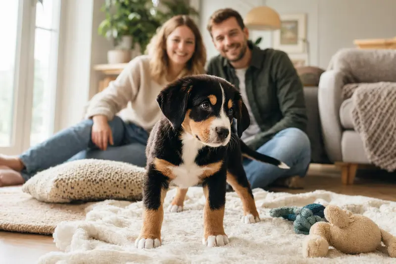 Ein neugieriger Welpe eines Entlebucher Sennenhundes erkundet sein neues Zuhause mit weicher Decke und Spielzeug.