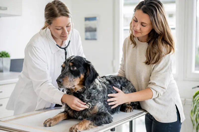 Ein ruhiger Epagneul Bleu De Picardie Hund wird von einer freundlichen Tierärztin mit einem Stethoskop in einer modernen Tierarztpraxis untersucht.