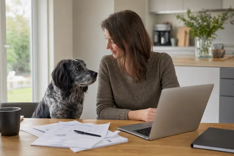 Ein ruhiger Epagneul Bleu De Picardie Hund sitzt neben seinem Besitzer am Küchentisch, umgeben von Versicherungsunterlagen und einem Laptop.