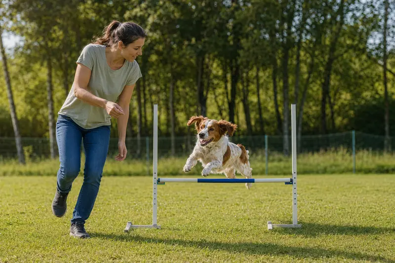 Ein Epagneul Breton springt mit seinem Besitzer über eine kleine Trainingshürde auf dem Hundeplatz und trainiert sportlich bei Sonnenschein.
