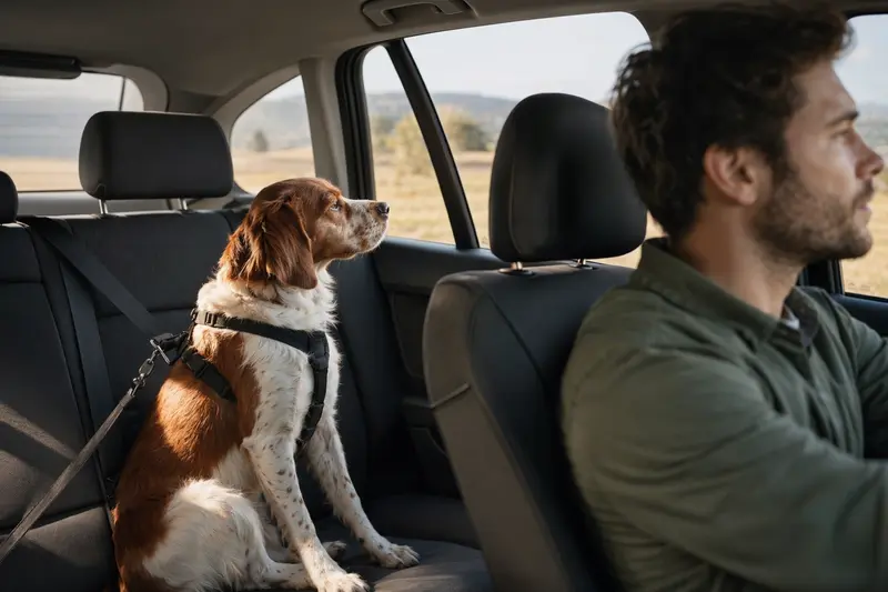 Ein Epagneul Breton Hund, sicher angeschnallt auf der Rückbank eines Autos, während der Besitzer fährt.