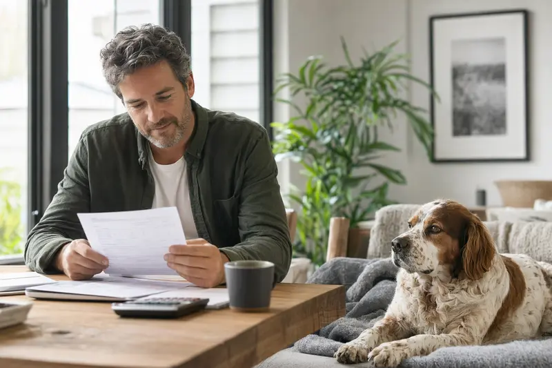 Ein Hundehalter sitzt mit einer Tierarztrechnung am Tisch, während ein entspannter Epagneul Breton auf einer Decke neben ihm liegt und die Hundeversicherung ruhig thematisiert wird.
