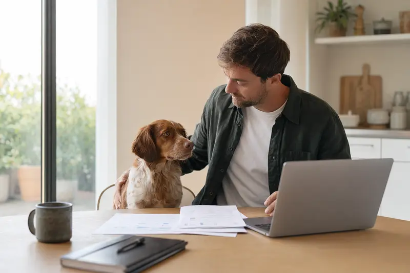Ein Epagneul Breton sitzt neben seinem Besitzer am Küchentisch, auf dem Versicherungsunterlagen und ein Laptop mit Vergleichsseite liegen.