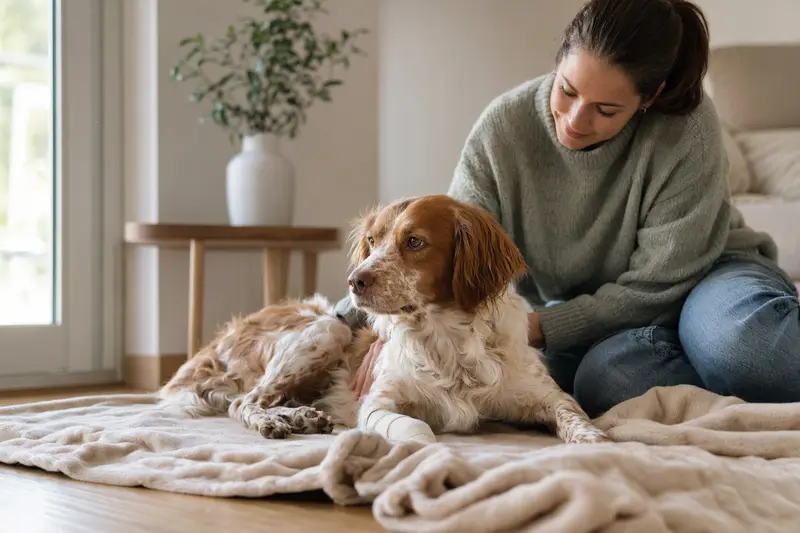 Ein Epagneul Breton Hund mit leichtem Verband an der Pfote liegt entspannt neben seinem besorgten Besitzer in einer hellen Wohnung.