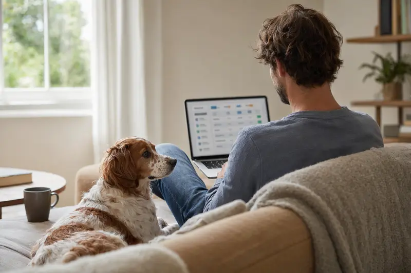 Ein Hundebesitzer arbeitet entspannt am Laptop neben seinem Epagneul Breton auf dem Sofa, während er einen Versicherungsvergleich für seine Tierkrankenversicherung anzeigt.