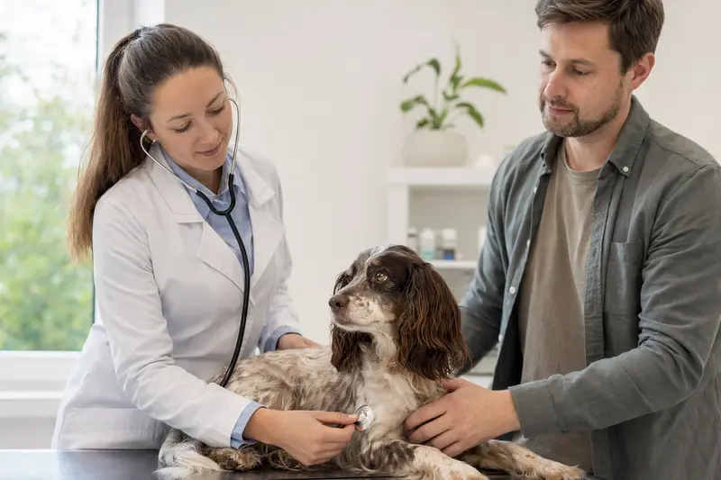 Ein ruhiger Epagneul de Pont Audemer Hund wird behutsam von einer freundlichen Tierärztin mit einem Stethoskop untersucht.